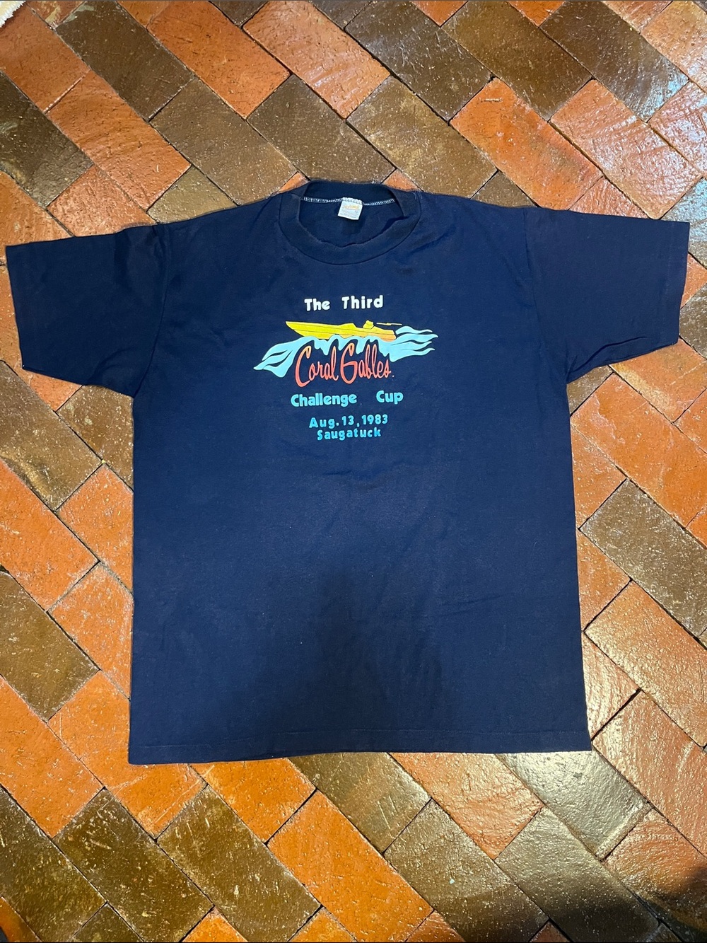 Vintage 1983 powerboat racing tee short sleeve shirt MEN XL Navy SAUGATUCK 3234
